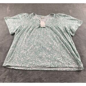 Wonderly Womens XL Green White Leaf Print Pintuck Split V-Neck Short Sleeve Top